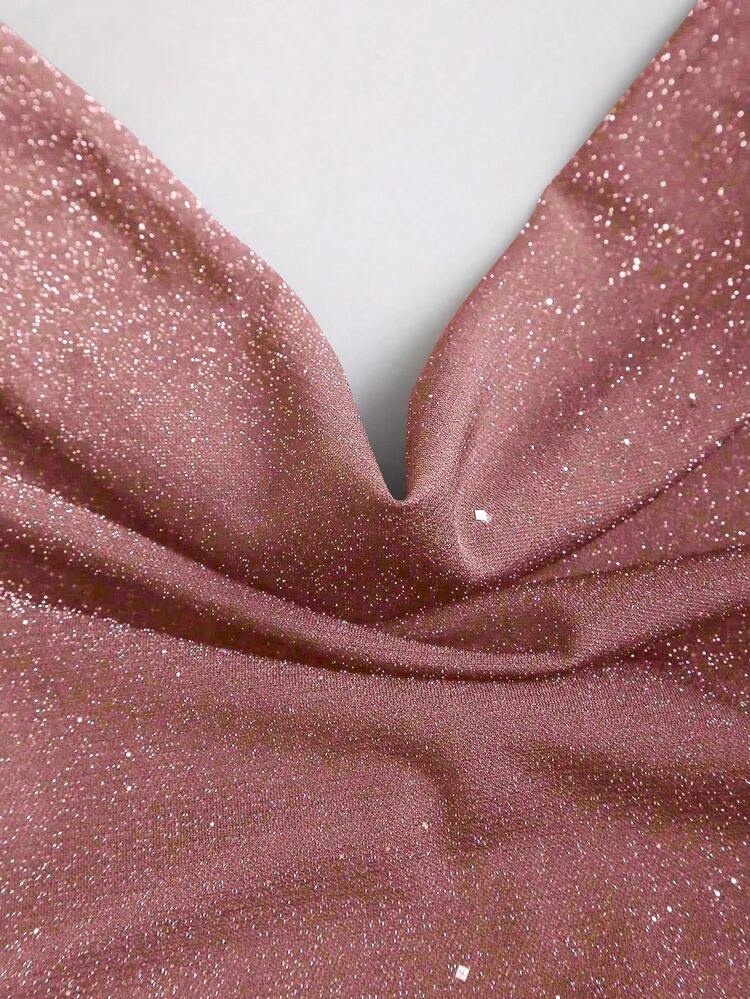 Sweetra Tall 2 pezzi Set di canotta con collo a canottiera con paillettes e pantaloni alla caviglia, moda donna, classico e versatile per autunno/inverno - Rosa - Visualizzare 6