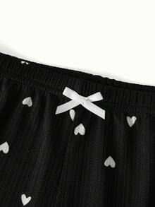 Heart Print Contrast Binding Bow Front PJ Set / Pajama Set - Black - View 11