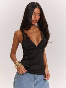 SHEIN BAE 黑色性感透视蕾丝拼接缎面吊带背心，适合性感上衣、夜店装、约会、早午餐、邮轮旅行、工作场合，优雅性感 - 黑色 - 查看 4