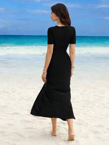 Swim Shayni Middle Eastern Style Modest Swimsuit Set - Full Coverage Black Swimwear With Elegant White Floral Decor - Black - View 2