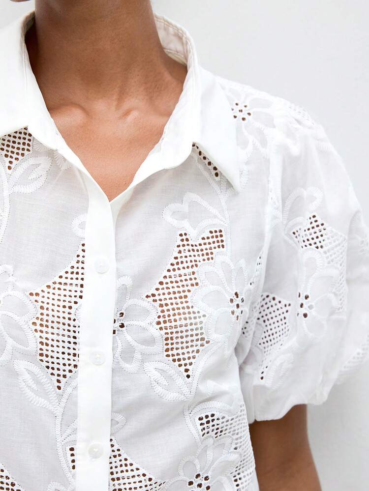SHEIN Maija Outfit Deas For Shirt,Casual White Woven Fabric Top For Women Regular Length With Collar And Half Puff Sleeves White Eyelet Shirt,Vacation Outfits Women,Summer Holiday Outfits ,Beach Vacation Outfits For Women