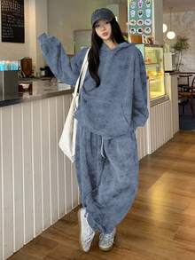 DAZY Set de 2 piezas: Sudadera con capucha casual de estilo coreano y pantalón de chándal holgado para mujer - Azul - Ver 2