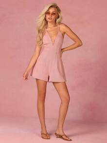 Athîral Denim Women's Casual Dusty Pink Denim Jumpsuit,Sleeveless Off Shoulder Deep V-Shaped Cross Tie Backless Outfit,Summer Vacation,Date,Street,Holiday Wear - Dusty Pink - View 4