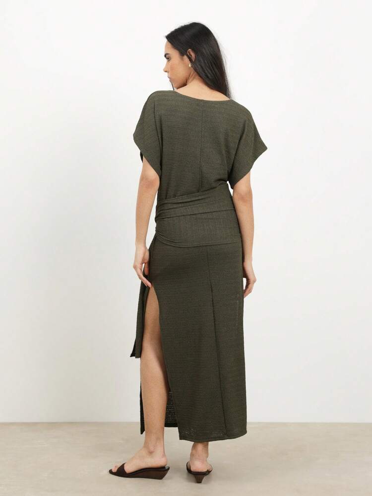 KSTM Women's Olive Green Deep V-Neck Maxi Dress With Side Tie Detail And High Side Slit For Casual Summer Beach Occasions