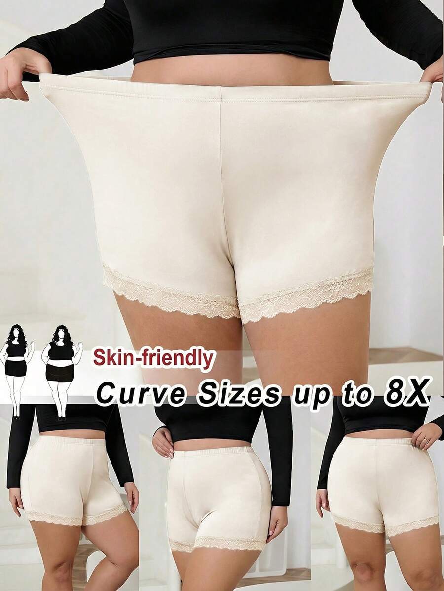 SHEIN CURVE+ 大码女式黑色蕾丝弹力腰短款打底裤/2026/新年 - 杏色 - 查看 1