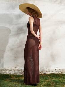 Airaco Women's Vacation Solid Color Hollow Out Front Tie Sleeveless Sexy Knit Dress - Coffee Brown - View 2