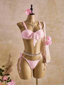 Swim Mod 2026SS New Women's Pink Bikini Set, Summer Tropical Beach Vacation Holiday Swimwear, 2pcs Elegant Vintage Textured Bowknot Retro Sweet Swimwear Outfit - Multicolor - View 4