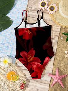 芙蓉花、火焰树、海滩度假、#椰子女孩、少女休闲简约黑色连体泳衣，适合夏季穿着 - 黑色 - 查看 4