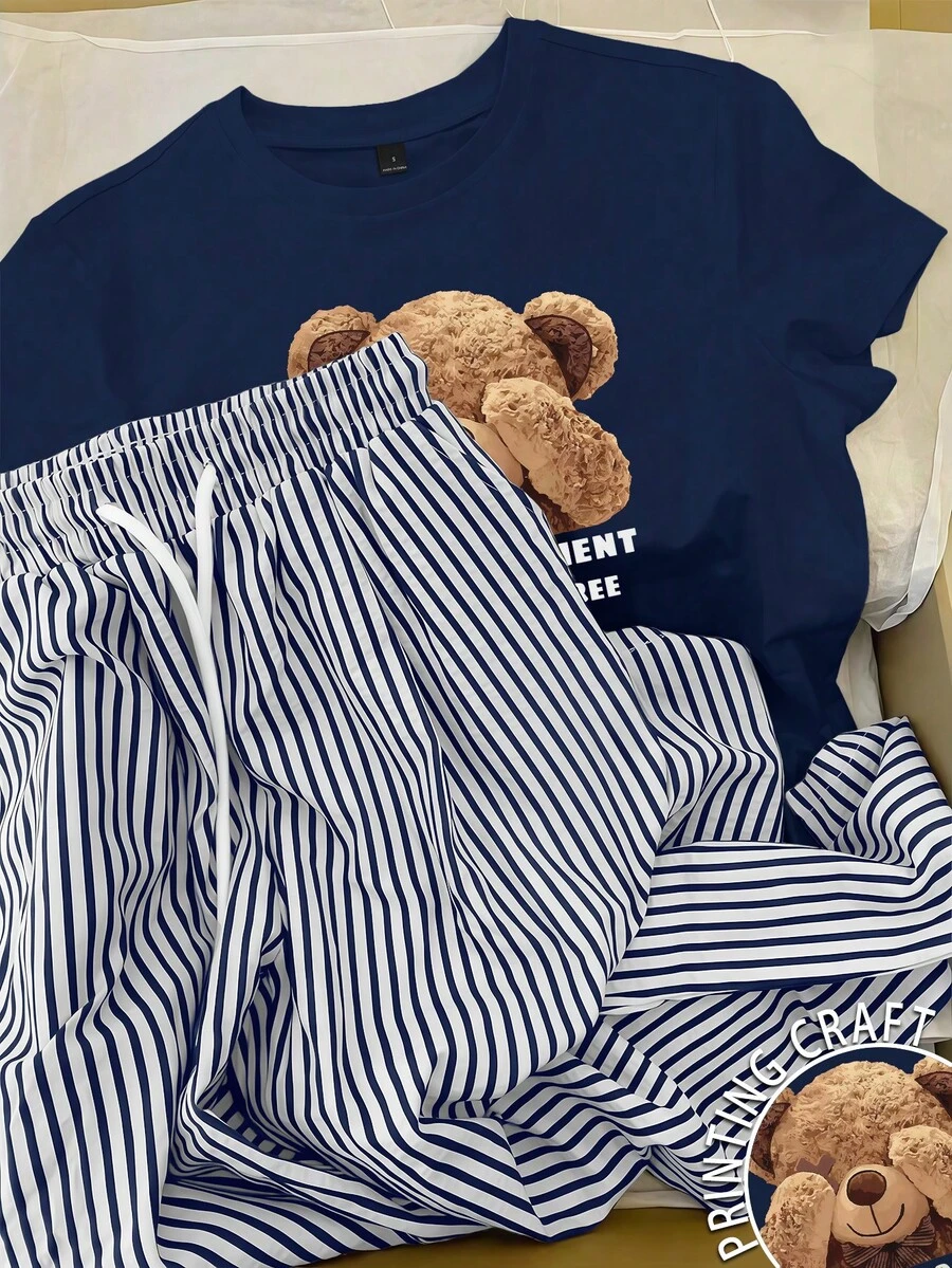 Resyla Women's Round Neck Cartoon Letter Print Short Sleeve Top And Striped Drawstring Waist Wide Leg Pants Casual Daily Suit - Royal Blue - View 1