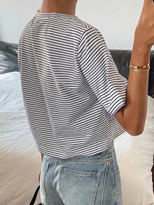 DAZY 女士条纹宽松短款短袖T恤 夏季 - 黑色 - 查看 6