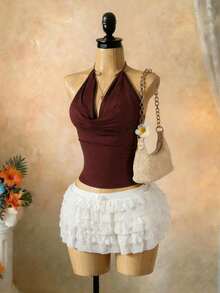 SaltGleam Áo hai dây nữ màu trơn cổ chữ V khoét sâu, lưng hở, gợi cảm, cổ xếp ly. - màu nâu - Xem 3