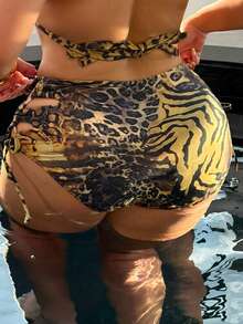 Swim SXY Plus Size Knitted Leopard Print Tie Side Bikini Bottoms With  Details Short Length Multicolor Swimwear - Multicolor - View 4