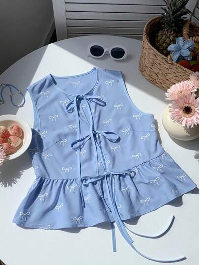 Comfortcana Spring/Summer New Women's Blue Bow Embroidered Strap Shirtt,Easter,Festivalparty,Beach,Wedding, Graduation,Going Out,Prom,Birthday,Elegant, Vacation,Casual, Luxury,Sports, Formal