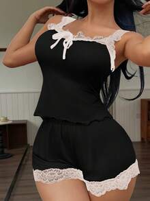 SHEIN Lace Trim Camisole & Shorts Pajama Set For Women - Black - View 5