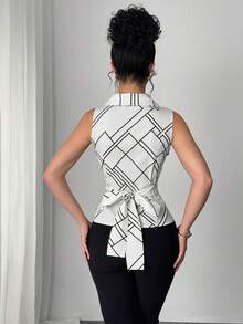 Elenzga Elegant Geometric Print Collared Pleated Sleeveless Blouse - White - View 2