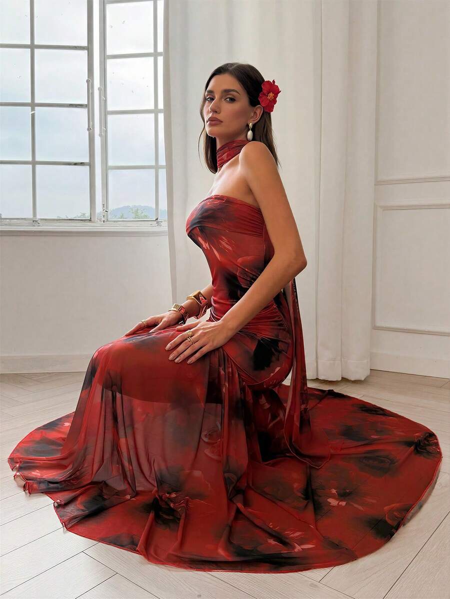 Elenzga Vestido elegante y romántico sin mangas con estampado de teñido anudado, cintura acampanada y espalda descubierta, adecuado para vacaciones - Multicolor - Ver 1