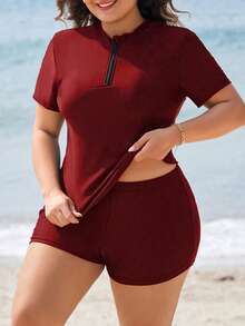 Swim SPRTY Bộ đồ bơi nữ cỡ lớn đi biển, gồm áo tay ngắn cổ chữ V và quần short. - Đỏ - Xem 1