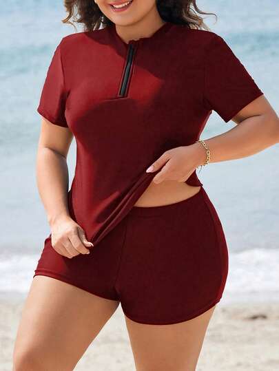 Swim SPRTY مجموعة بدلة سباحة للنساء ذوات الأحجام الكبيرة تتكون من ملابس علوية بياقة على شكل حرف V وأكمام قصيرة وشورت للاستخدام في الشاطئ