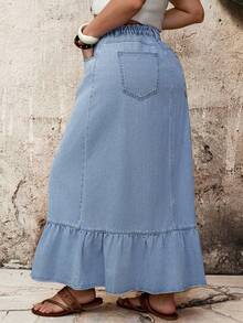 EMERY ROSE Mature Denim 大码女式高腰带口袋荷叶边下摆休闲牛仔迷你裙 - 藍色 - 查看 3