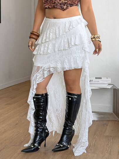 Coolane Women's & Men's Plus Size Summer Outfits Oversized Inclusive Sizing,Beach  Party ,White Lace Knitted Long Skirt: Casual Tiered Layered High-Low Asymmetrical Skirt For A Bohemian Look,Party Outfit ,Beach Outfits,Holiday Outfits