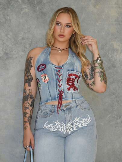 Arliah 女士 Y2K 复古运动芭蕾风图案刺绣抽绳低腰性感露脐牛仔上衣