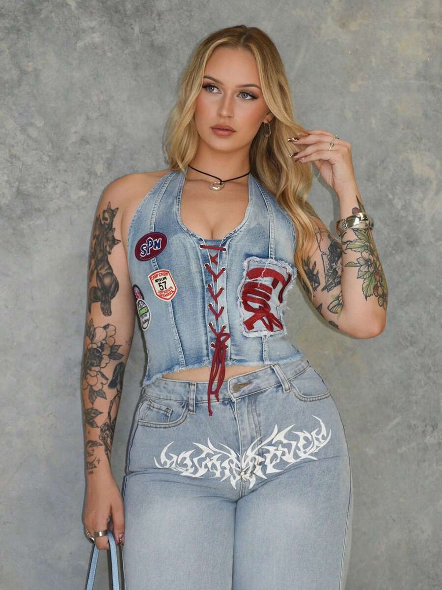 Arliah 女士 Y2K 复古运动芭蕾风图案刺绣抽绳低腰性感露脐牛仔上衣 - 淺藍色 - 查看 1