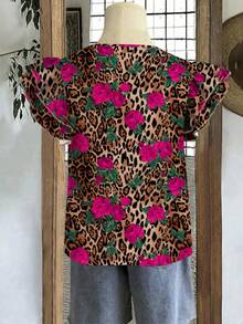 EMERY ROSE 大码女式休闲、优雅、度假风玫瑰豹纹圆领双层短袖宽松衬衫；女式夏季服装、女式度假服、女式夏季套装。 - 彩色 - 查看 3