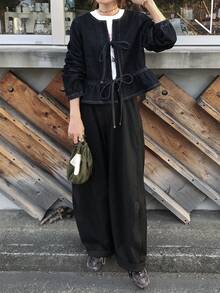 FRIFUL 女士时尚系带荷叶边下摆牛仔外套 - 藍色 - 查看 2