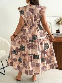Ceyna Plus Size French Style Vacation Bohemian Floral Print Dress, Spring/Summer Women's Dress Women Clothes Dress Women Summer Outfits Women Vacation Outfit Women Summer Dresses Women's Summer Dresses Latest Dress Style For Women Resort Wear Women Vacation Dress Bohemian Outfit For Women Dress Boho - Mocha Brown - View 2