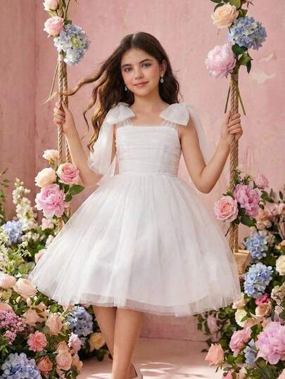 Pitira Kids Summer Outfits  Squishy White Dresses Tween Girls White Solid Color Spaghetti Strap Backless Bow Tie Waist Flared Skirt Party Dress,  Prom Dresses Vestidos Elegantes Para Fiesta Flower Girl White Dress Young Girls Bowknot Strap Tulle Party Dress Elegant White Girls White Special Occasion Dress White Junior Bridesmaid Dress Coquette Ivory Dress For Girls