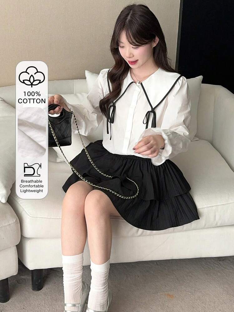 Women's Collared Contrast Color Bow Tie Casual Long Sleeve Blouse