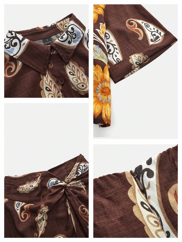 SHEIN Maija Outfit Deas For Sets,Women's Casual 2-Piece Set: Floral & Cashew Print Drop Shoulder Blouse And Skirt,Going Out Outfits,Vacation Outfits Women,Summer Holiday Outfits,Casual Sets For Women,Vacation Outfits Women,Summer Holiday Outfits ,Beach Vacation Outfits For Women