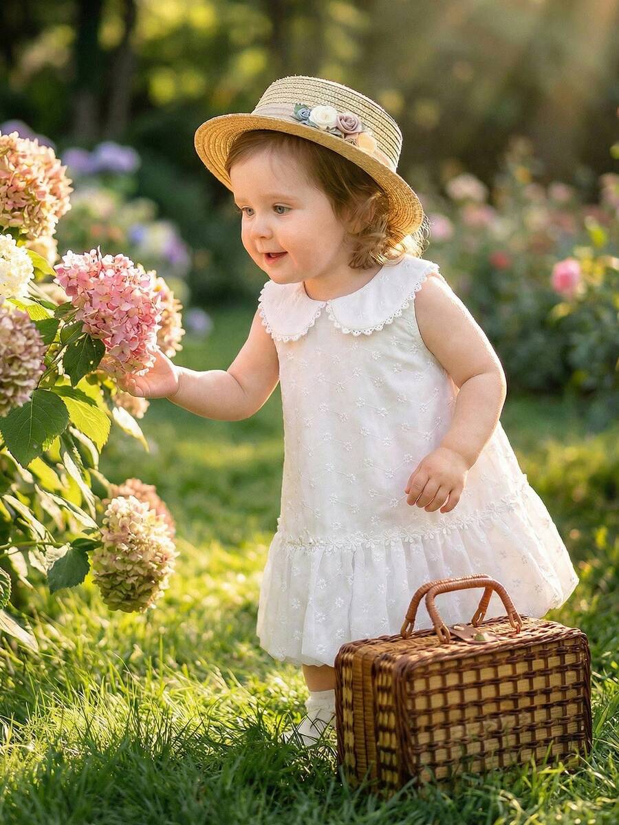 Souflis Souflis French New Style Baby Girls 0-3 Years Old Summer Dress, Delicate Embroidered Fabric, Skin-Friendly, Cute Dress With Peter Pan Collar, Sleeveless Princess Dress - White - View 1