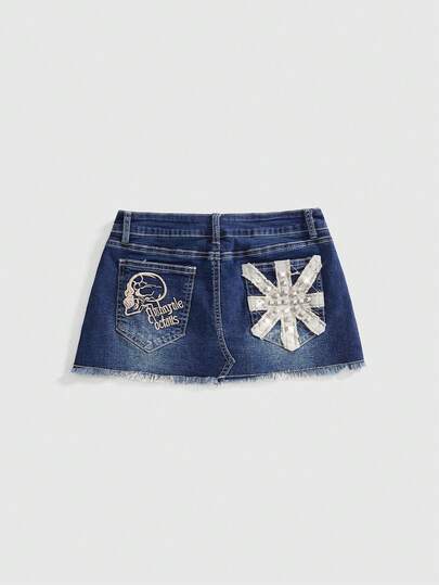 ROMWE Chân váy ngắn denim gợi cảm kiểu Y2K thêu hình thánh giá và đầu lâu dành cho nữ