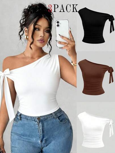 Elenzga Set de 3 camisetas casuales de mujer de unicolor con hombros oblicuos y cómodas