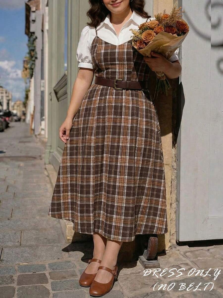 SHEIN MOD Váy dây mảnh kẻ sọc nâu chải chuốt cỡ lớn cho mùa hè - màu nâu - Xem 1