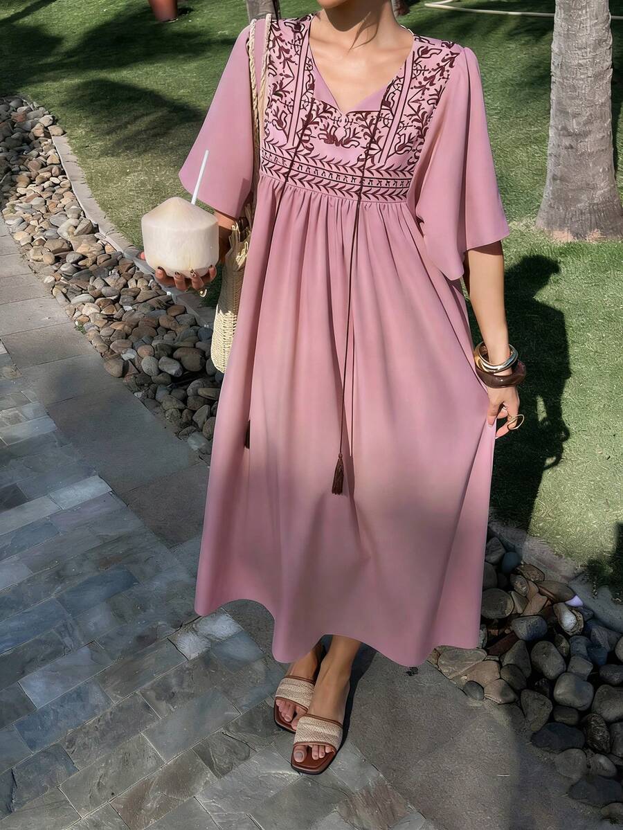 DAZY Vestido longo feminino elegante com patchwork, cintura marcada e mangas com babados, modelo boho para primavera/verão, perfeito para férias. - Rosa - Ver 1