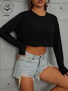 INAWLY Women's Short Top, Basic Style, Round Neck, Long Sleeves, Traceable Cotton, Slim Fit For Comfort - Black - View 3