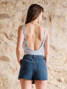 lacRébo Blue Gingham Floral Bodysuit With Rose Detail And Open BackRib Fabric Spring Summer French Style Parisian Style - Blue - View 2