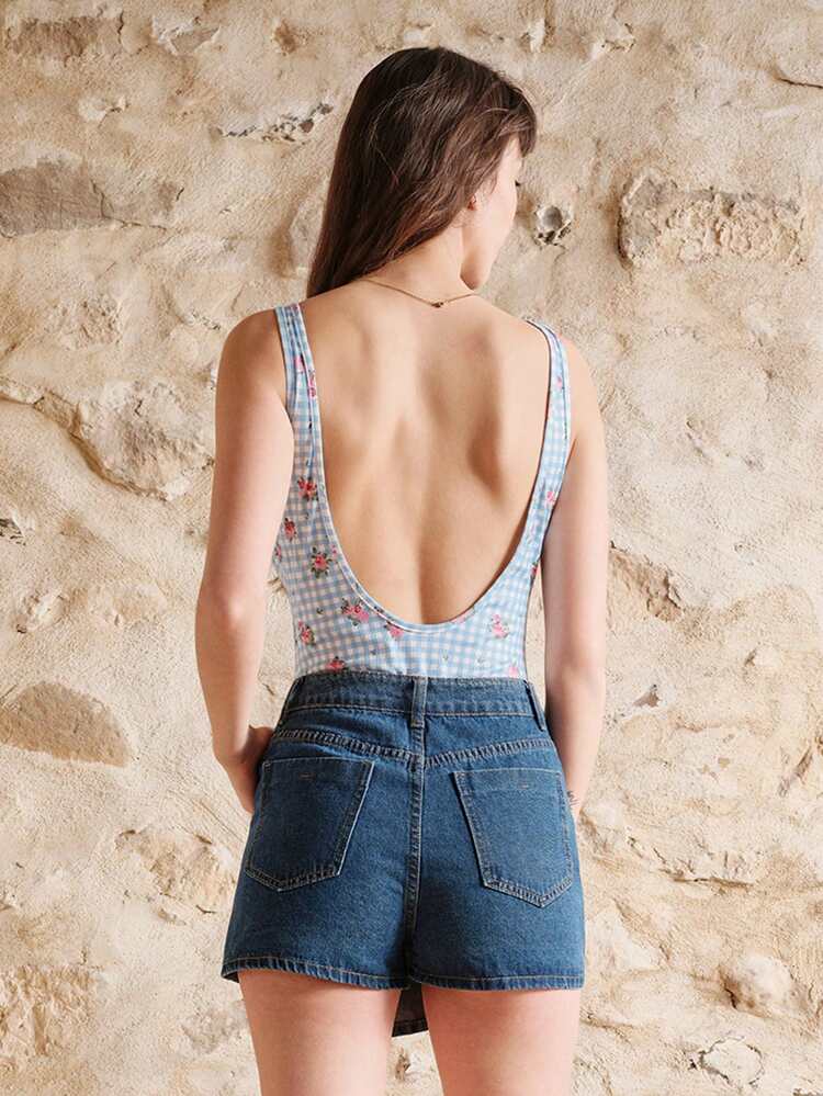 Blue Gingham Floral Bodysuit With Rose Detail And Open BackRib Fabric Spring Summer French Style Parisian Style