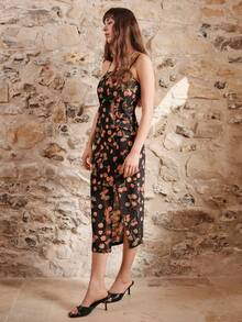 lacRébo 印花修身中长连衣裙，直领吊带设计，适合春夏穿着，法式巴黎风情。 - 黑色 - 查看 5