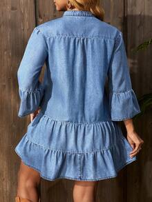 Breezaya Plus Size Women V-Neck Ruched Casual Denim Dress - Blue - View 2