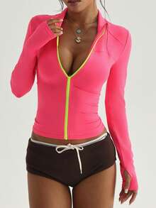 SHEIN Dewbera Women's Hot Pink Summer Sexsy Gym Sports Jacket,Long Sleeve Stand Collar,Contrast Neon Green Zipper,Solid Color Versatile For Running,Yoga,Tennis - Hot Pink - View 4