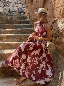 DAZY Vestido Longo Floral Vermelho Vinho Vintage Francês Sem Costas e Sem Mangas, Vestido Longo para Mulheres para Férias, Vestido de Cruzeiro, Vestido de Verão Boho para Mulheres - Vinho - Visão 1