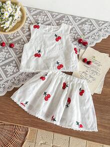 SHEIN Playful Pals 2pcs/Set Baby Girl Spring&Summer Elegant Style Sleeveless Embroidery Top&&Short Skirt - White - View 1