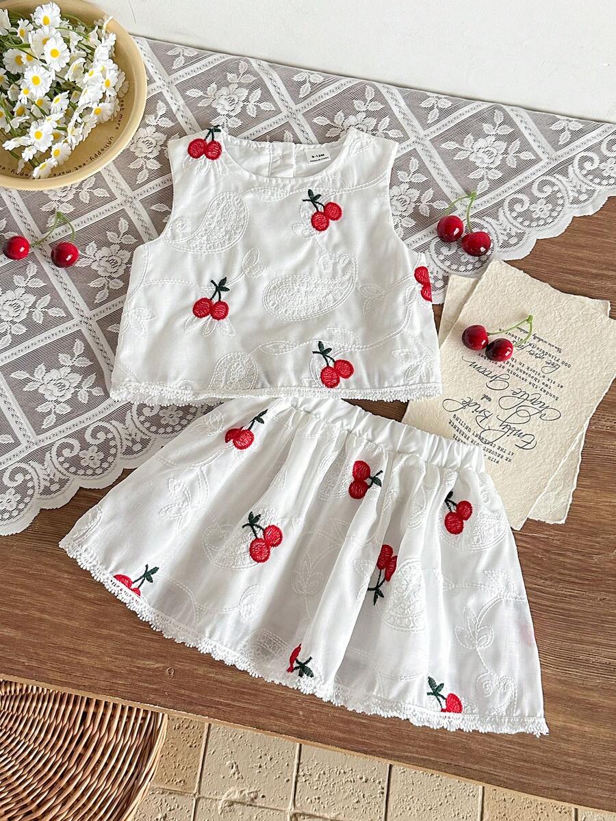 SHEIN Playful Pals 2pcs/Set Baby Girl Spring&Summer Elegant Style Sleeveless Embroidery Top&&Short Skirt - White - View 1