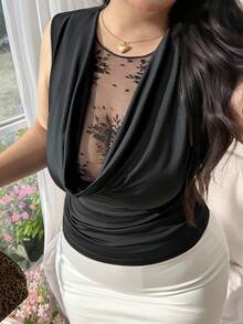 CovetEZ Áo không tay ren phối ren gợi cảm mùa hè dành cho nữ cỡ lớn - màu đen - Xem 6