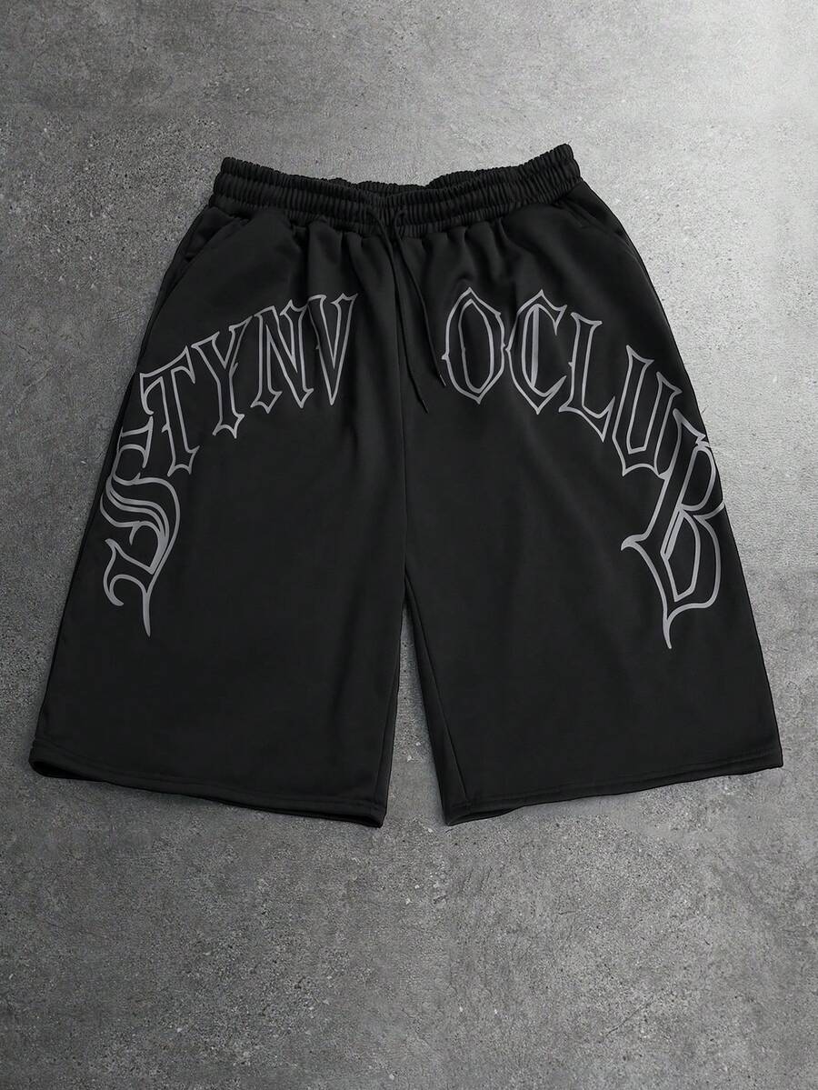 STYNVO 男士休闲字母印花短裤，夏季 - 黑色 - 查看 1