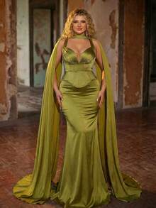 Aureia Vestido plus size elegante e romântico verde-oliva com gola plissada, sem mangas e barra sereia em chiffon, ideal para festas noturnas, encontros, bailes, férias e casamentos. - Verde - Ver 6