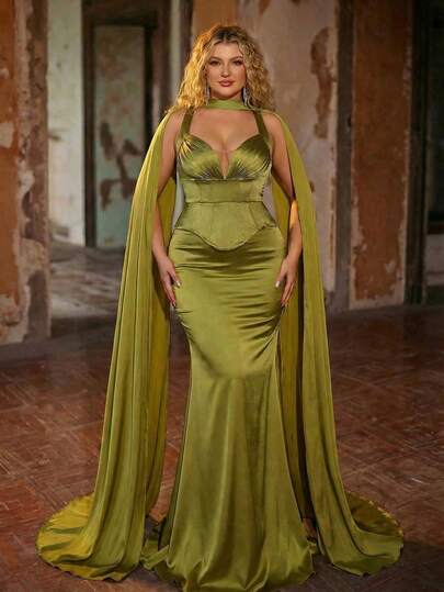 Glamrae Plus Size Elegant Romantic Olive Green Pleated Collar Sleeveless Chiffon Mermaid Hem Dress, Suitable For Evening Party, Date, Ball, Holiday, Wedding Events